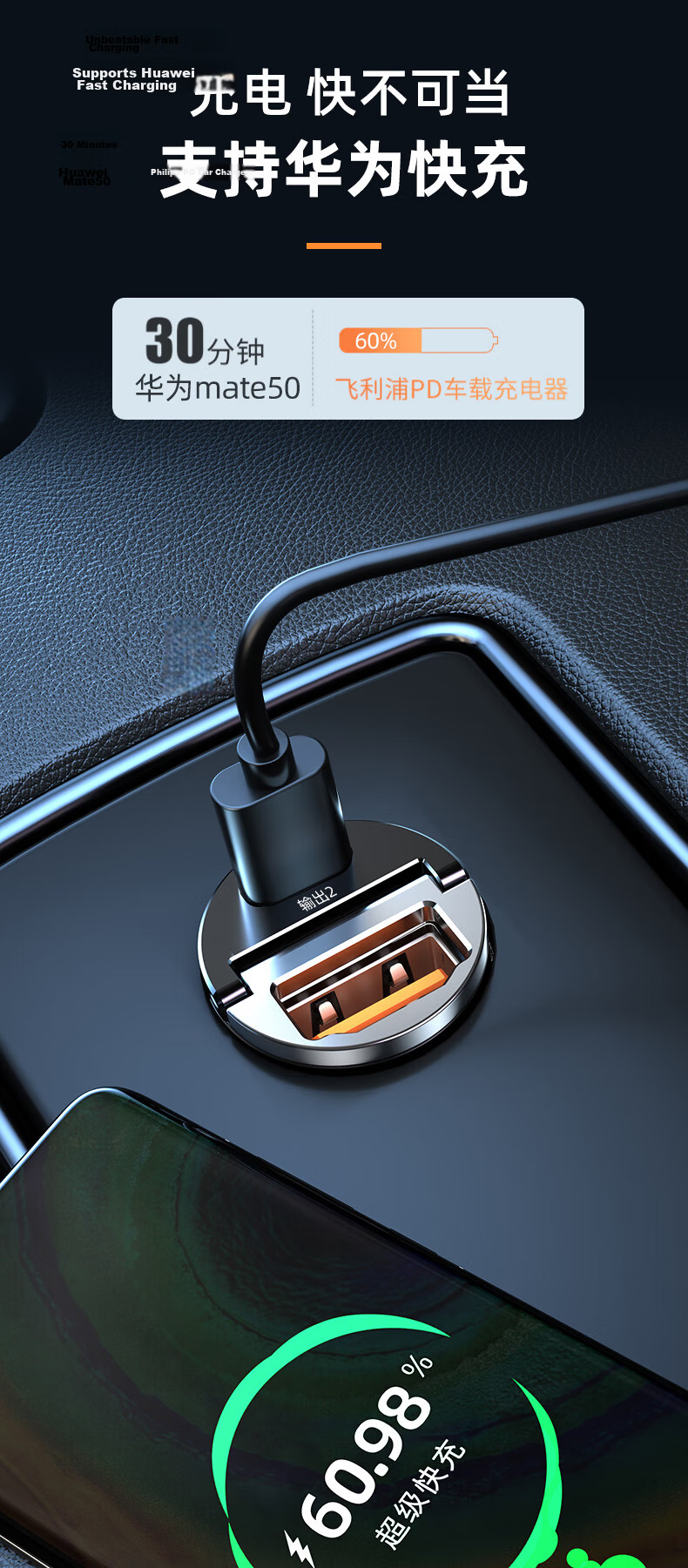 Philips Car Charger And Cigarette Lighter Dual-Port Super Fast Charging Car Charger Type-C with Built-In Cable 72W Compatible with Huawei And Apple 15 Converter Plug 4319 3
