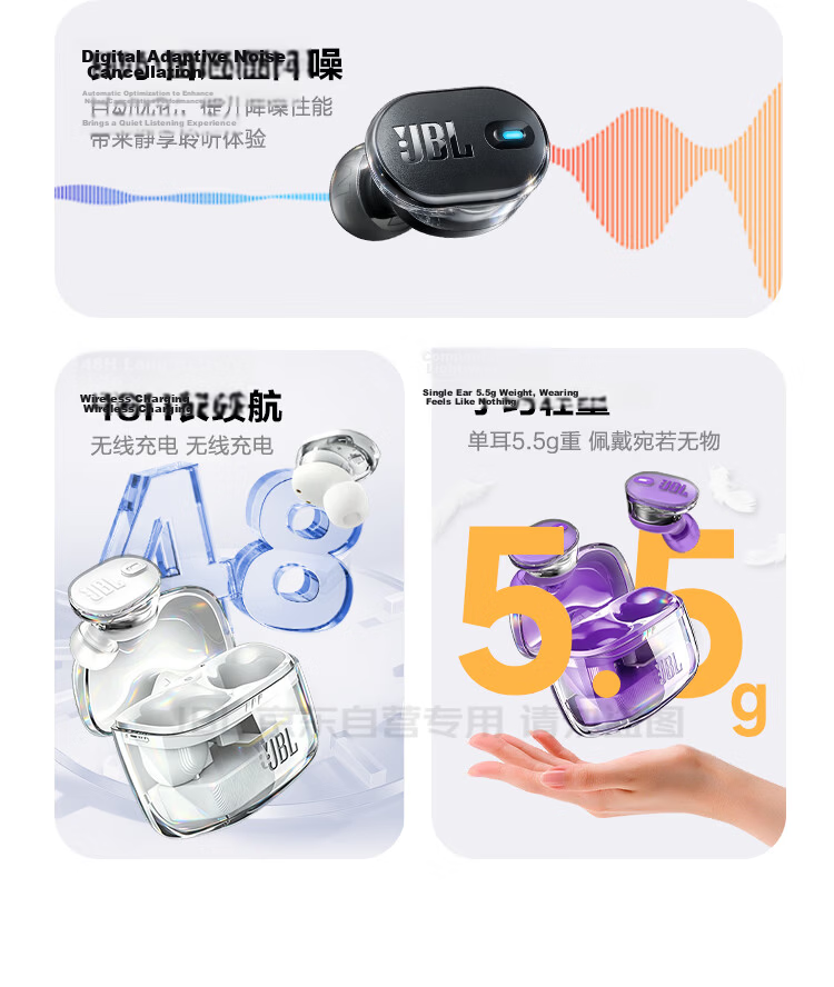 JBL TUNE BUDS 2 Wireless Bluetooth Earphones, Second Generation Liuli Beans, Long Battery Life Noise-Cancelling Earphones, Compatible with Huawei and Apple Phones, Transparent Black 4