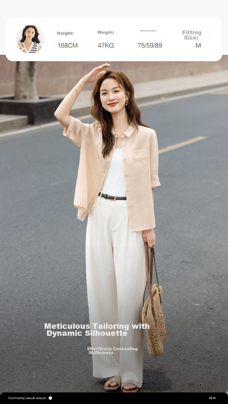 Demana [Ramie Lyocell Blend] Summer Elegant Small Turn-down Collar Pleated Patch Pocket Loose Slimming Shirt for Women High-end Feel 10
