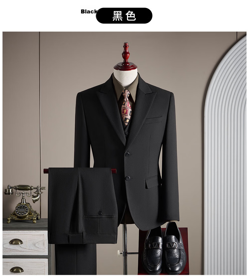 ROMON Men's Formal Suit Set Wool Blazer Vest and Trousers Black 2XL 20