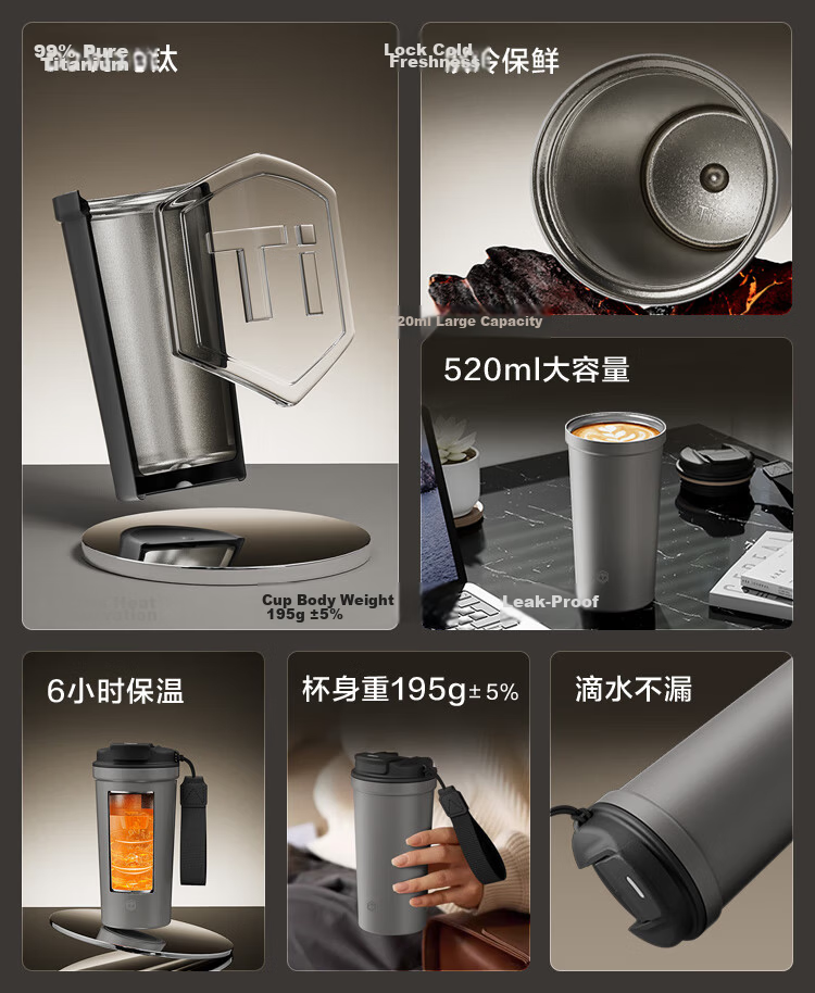 JD Jingzao Titanium Health Coffee Cup [Pure Titanium Inside and Out] Insulated Portable Premium Gift Water Bottle Gray 520ml 2