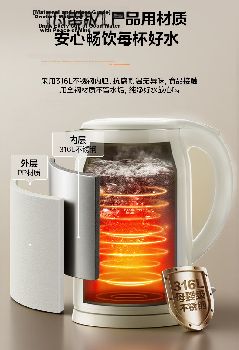 Midea Electric Kettle Auto Shut-Off Health Care Baby Grade 316L Stainless Steel 0 Coating 2L Large Capacity Double-Layer Anti-Scald MK-SH20M320-PRO 4