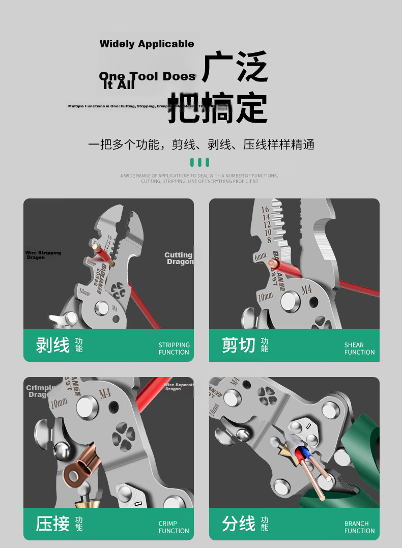 Baolian 16-in-1 Multifunctional Wire Stripper Pliers Electrician Wire Pulling and Cutting Pliers Wire Twisting and Crimping Tool 12