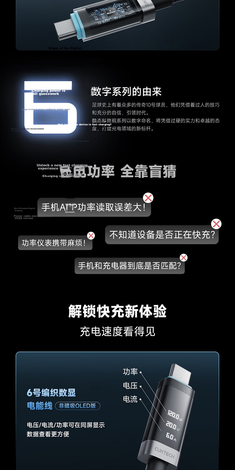 CUKTECH Kuotai Ke No.6 Braided Digital Display Power Cable, 240W Data Cable, Type-C Charging Cable, 6A Fast Charging, Suitable for Apple 17/Xiaomi/Huawei Phones, Tablets, Laptops, 2m 2