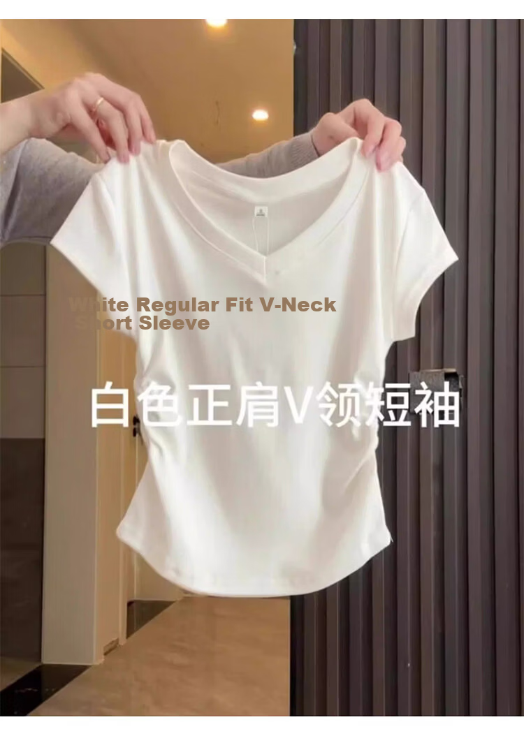 Shuangxing Women's V-Neck Short Sleeve T-Shirt Spring Summer New Design Pleated Waist Slim Fit Cropped Top Navy Blue S 5