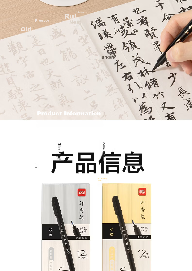 Deli Black Large Regular Script Elegant Soft Brush Pen for Students And Adults, Calligraphy Practice Pen, Art Signature Pen, Outlining Pen, Marker Pen, Black Marker Pen, Hand Card, 12 Pieces, Back-To Stationery 12