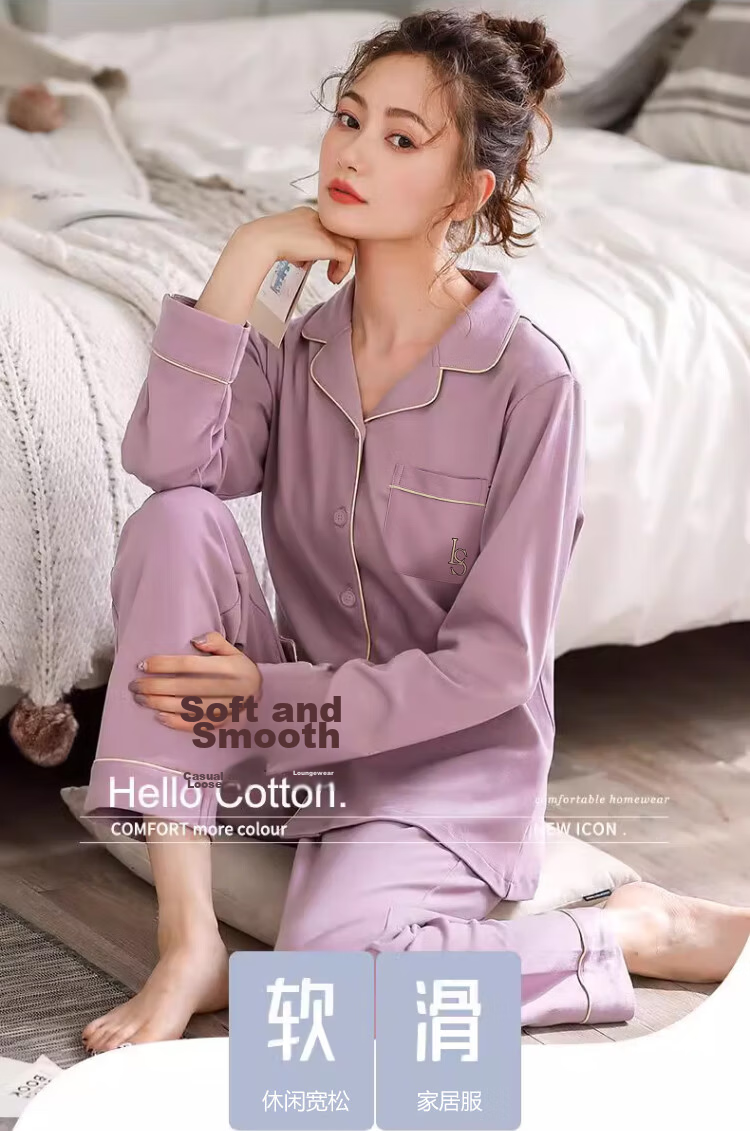 Langsha Women's Sleepwear (Antibacterial + Pure Cotton) Spring and Autumn Long Sleeve Long Pants Two-Piece Homewear Plus Size Winter Set 1