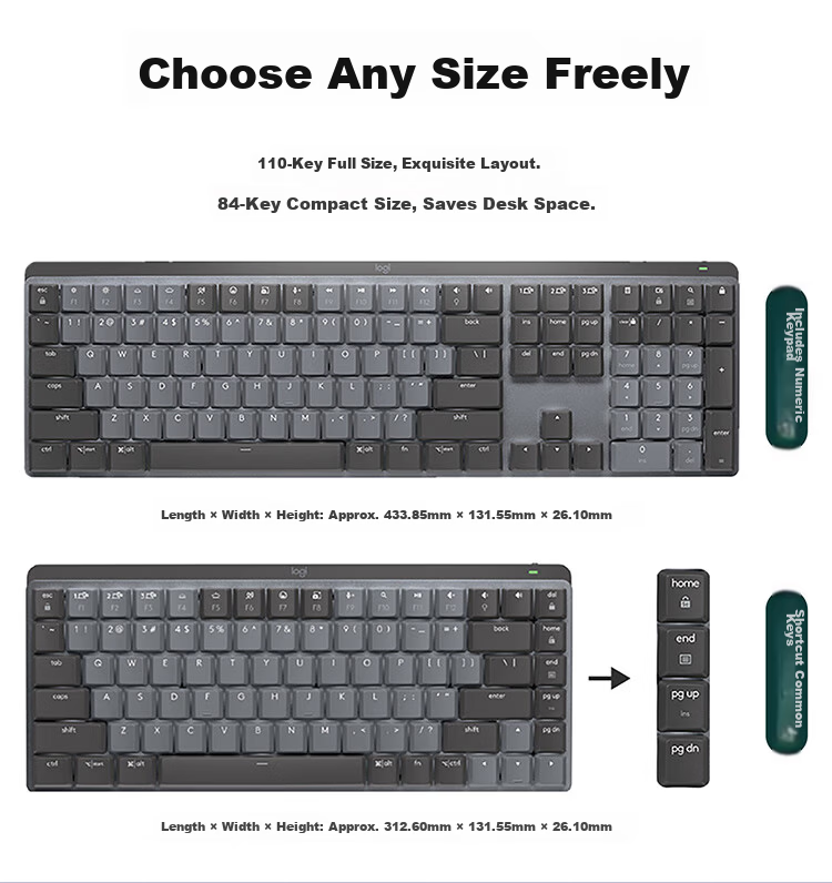 Logitech MX Mechanical Series, High-Performance Low-Noise Wireless Dual-Mode Mini Mechanical Keyboard, 84 Keys, Brevia Brown Switches 7