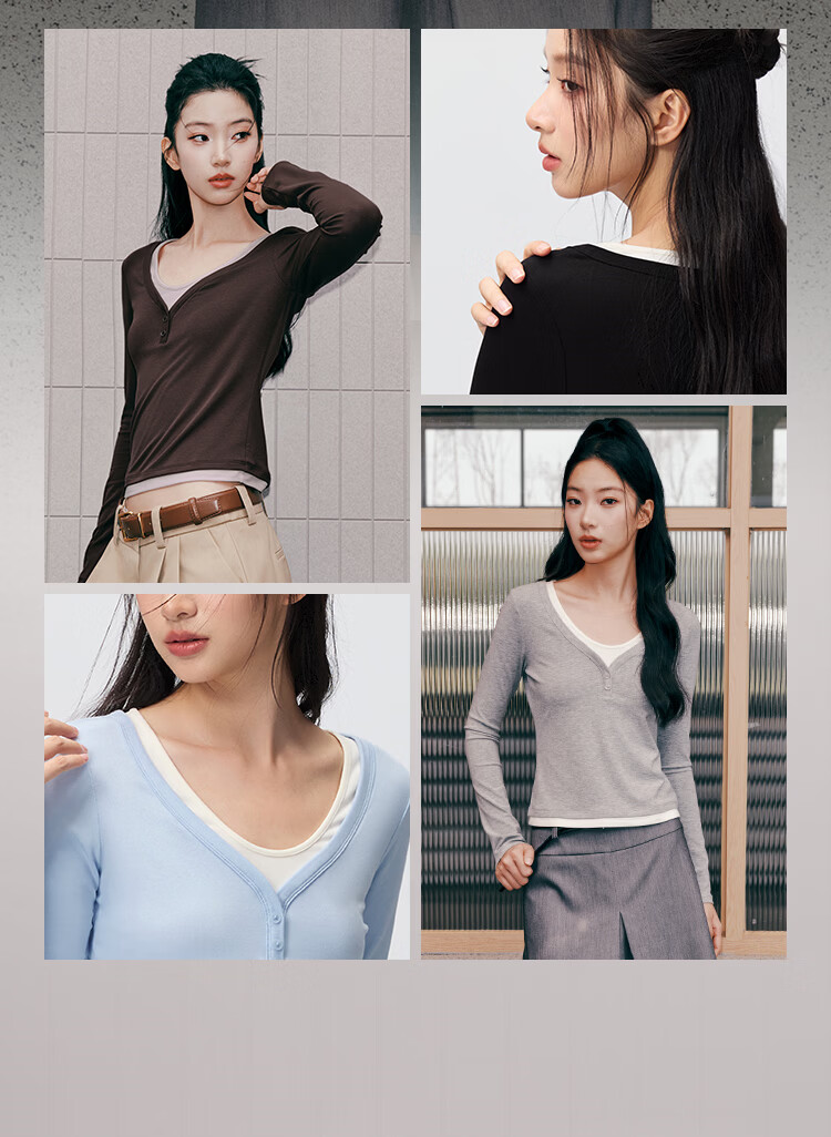 Semir Women's Long Sleeve T-Shirt 26 Autumn Short Slim Fit V-Neck Color Block Faux Two-Piece Top 109526101006 3