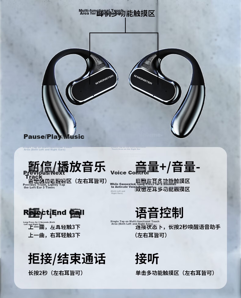 Monster AC360 Small Coconut Ball True Wireless Bluetooth Headphones, Rotating Ear-Hook Style, Call Noise Reduction, Sports Long Battery Life, Flowing Gold 8