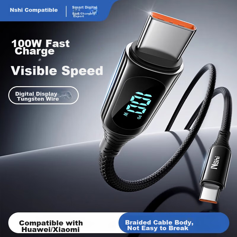 Dual-Head Type-C PD 100W/80W Fast Charging Cable Tungsten Digital Display Compatible with Apple 16/15, Huawei, Xiaomi C-to-C Tablet Car 1m