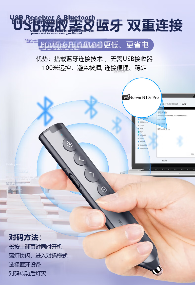 Nuowei Bluetooth Laser Pointer PPT Clicker Teacher Electronic Page Turner Digital Physics Dual Laser LED LCD Screen Seewo Whiteboard Honghe N95s BLE Dual-Head Version 4