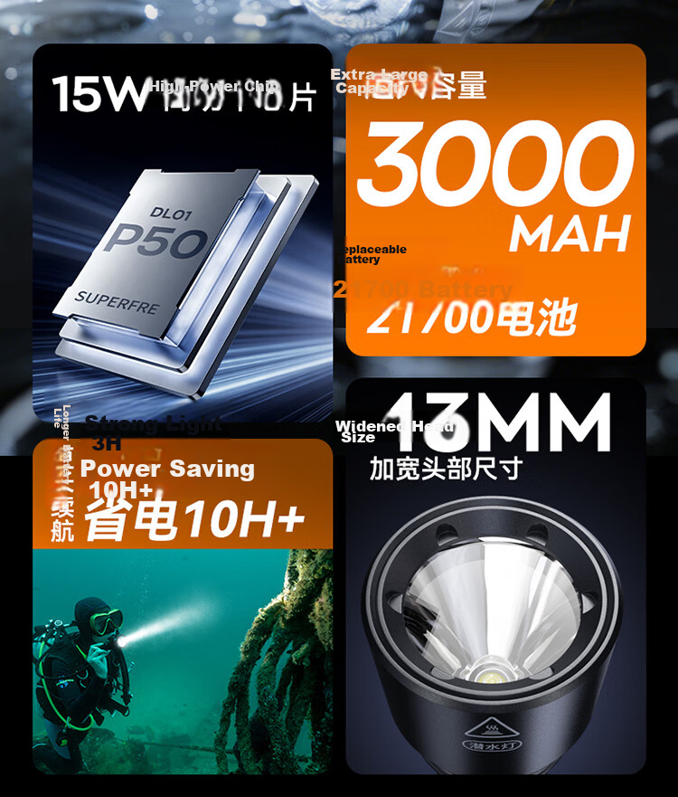 SupFire Professional Diving Flashlight High Brightness Waterproof Long Battery Life Outdoor Underwater Night Diving Sea Fishing Light 6