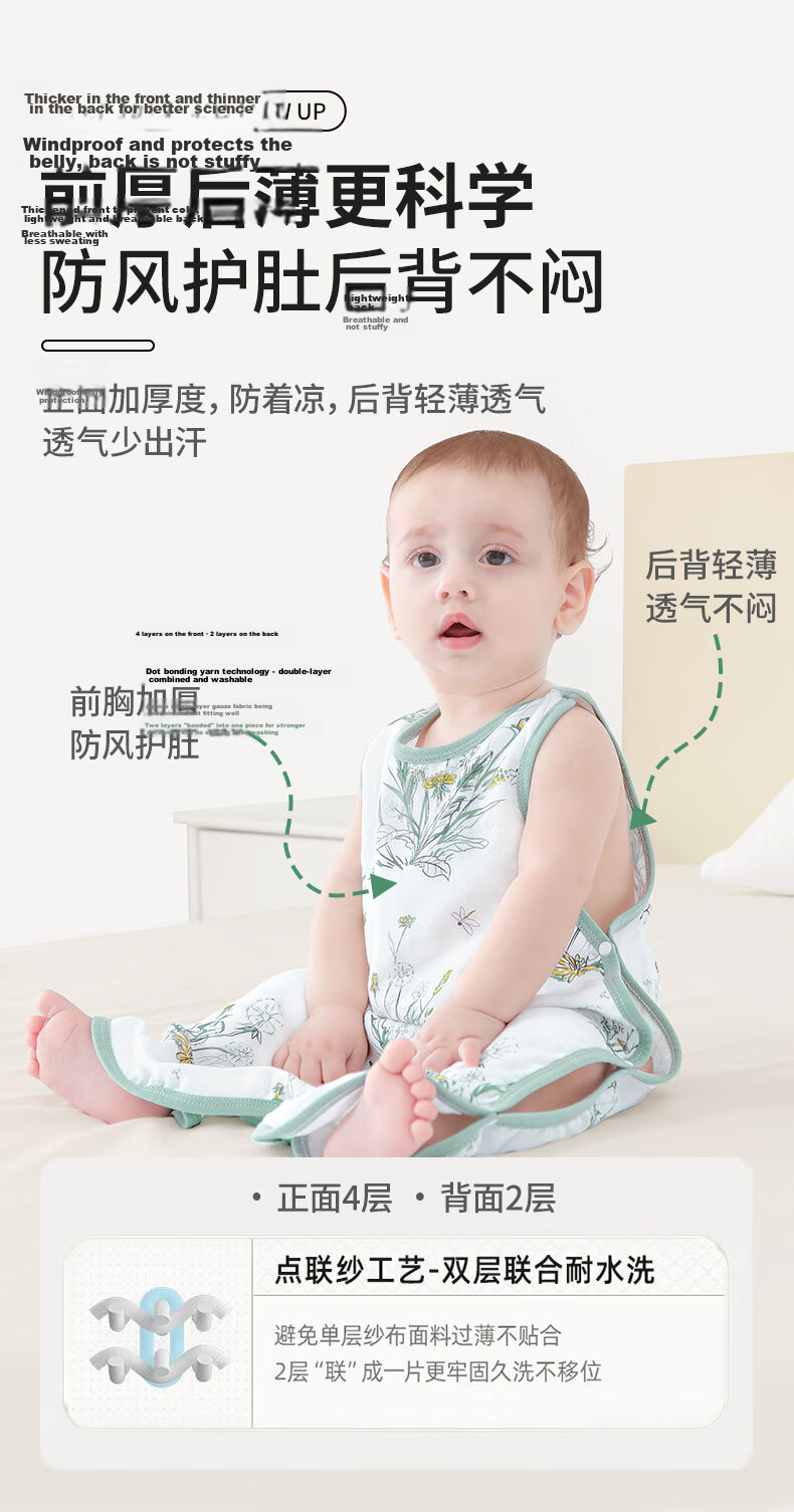 Nanjiren Baby Split-Leg Sleeping Bag, Spring And Autumn Bamboo Cotton, Front 4 Back 2 Gauze, Infant Anti-Kick Blanket Pajamas, Size 100 14