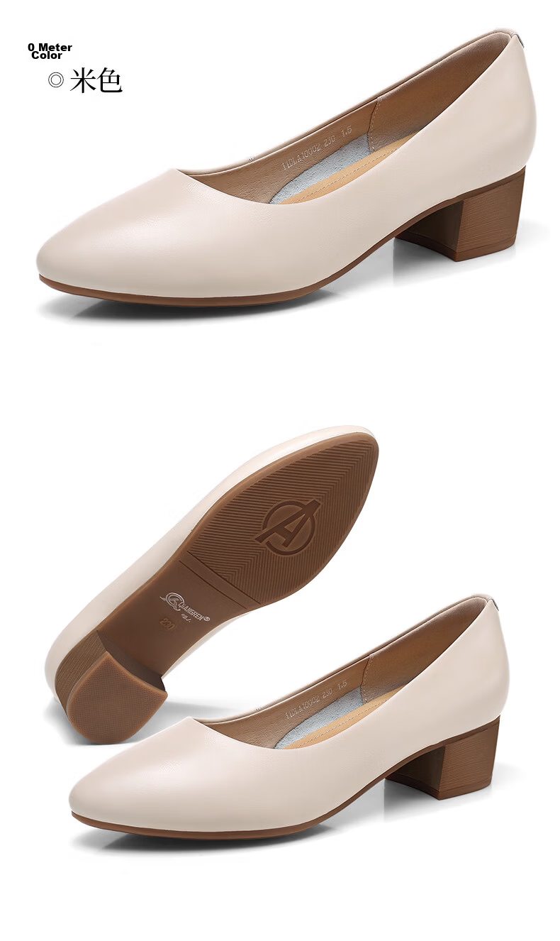 Qiangren Women's 4CM Mid-Heel Work Pointed Toe Commuting Leather Interview High Heels JDLA170002 Beige 38 18