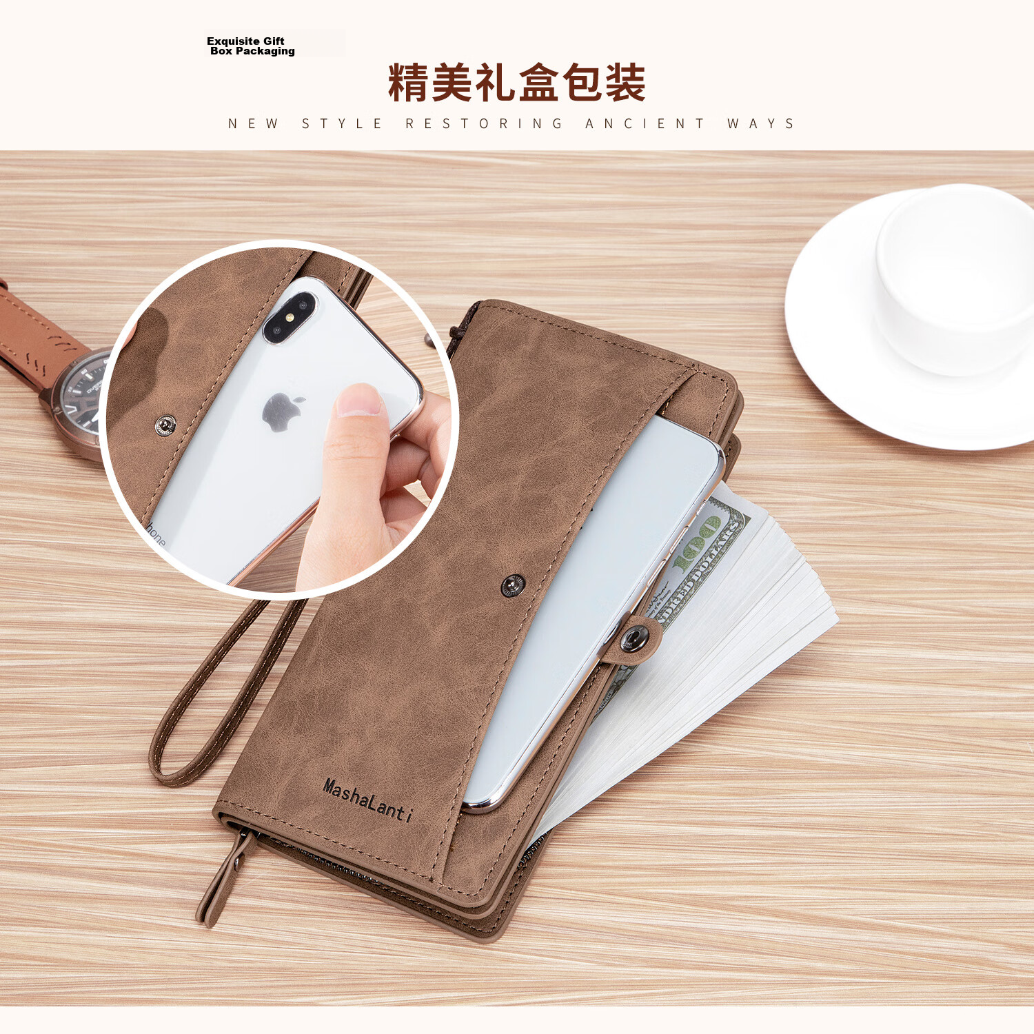 MashaLanti Men's Wallet, Large Capacity, Leather Billfold, Long Zipper Coin Purse, Multifunctional Clutch Card Holder, Business Document Wallet All-I 12