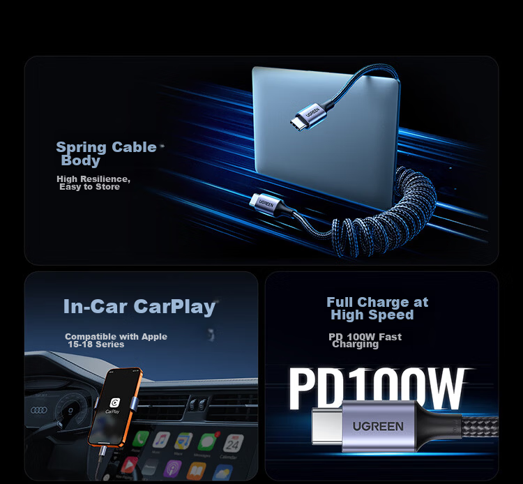 UGREEN Car Spring Charging Cable, Retractable Type-C Data Cable, 6A, Suitable for Huawei Honor Super Fast Charging 100W/66W, Xiaomi Phones Pura80/70/Mate70/60 4