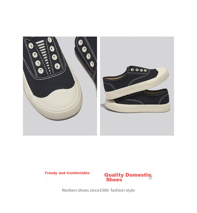 Renben Official Women's Casual Canvas Shoes 2026 Spring Autumn New Breathable Elastic Band Black Size 40 8