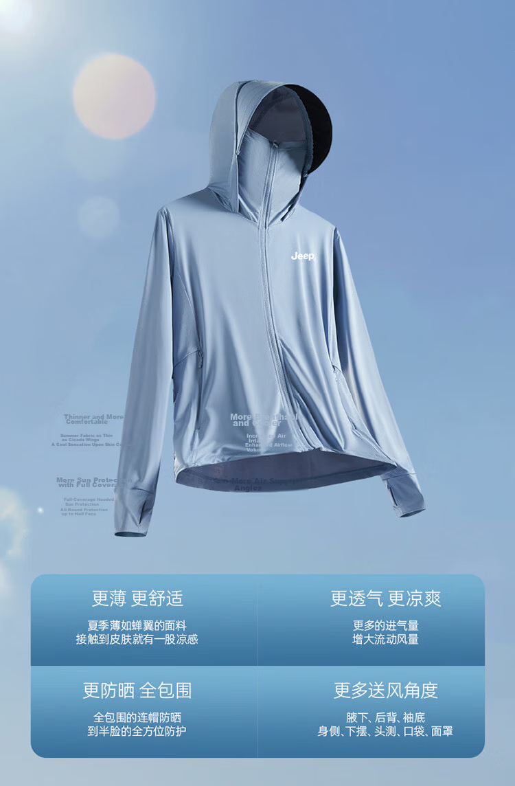 JEEP Men's Ice Silk Sun Protection Jacket Summer Lightweight Quick-Dry Fishing Hooded Sunproof Coat Haze Blue 2XL 16