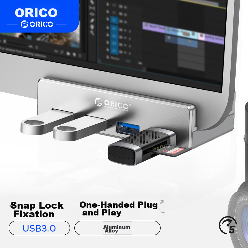 ORICO USB 3.0 Hub Splitter Aluminum Alloy Clip-on Docking Station for MAC Apple Laptop Desktop Monitor Converter MH4PU-BK