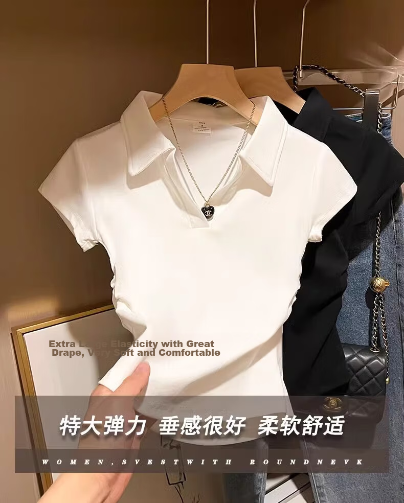 Woodpecker Women's Short Sleeve T-Shirt 2026 Summer Polo Collar Top Short Waist Slim Casual Design Light Gray M 3