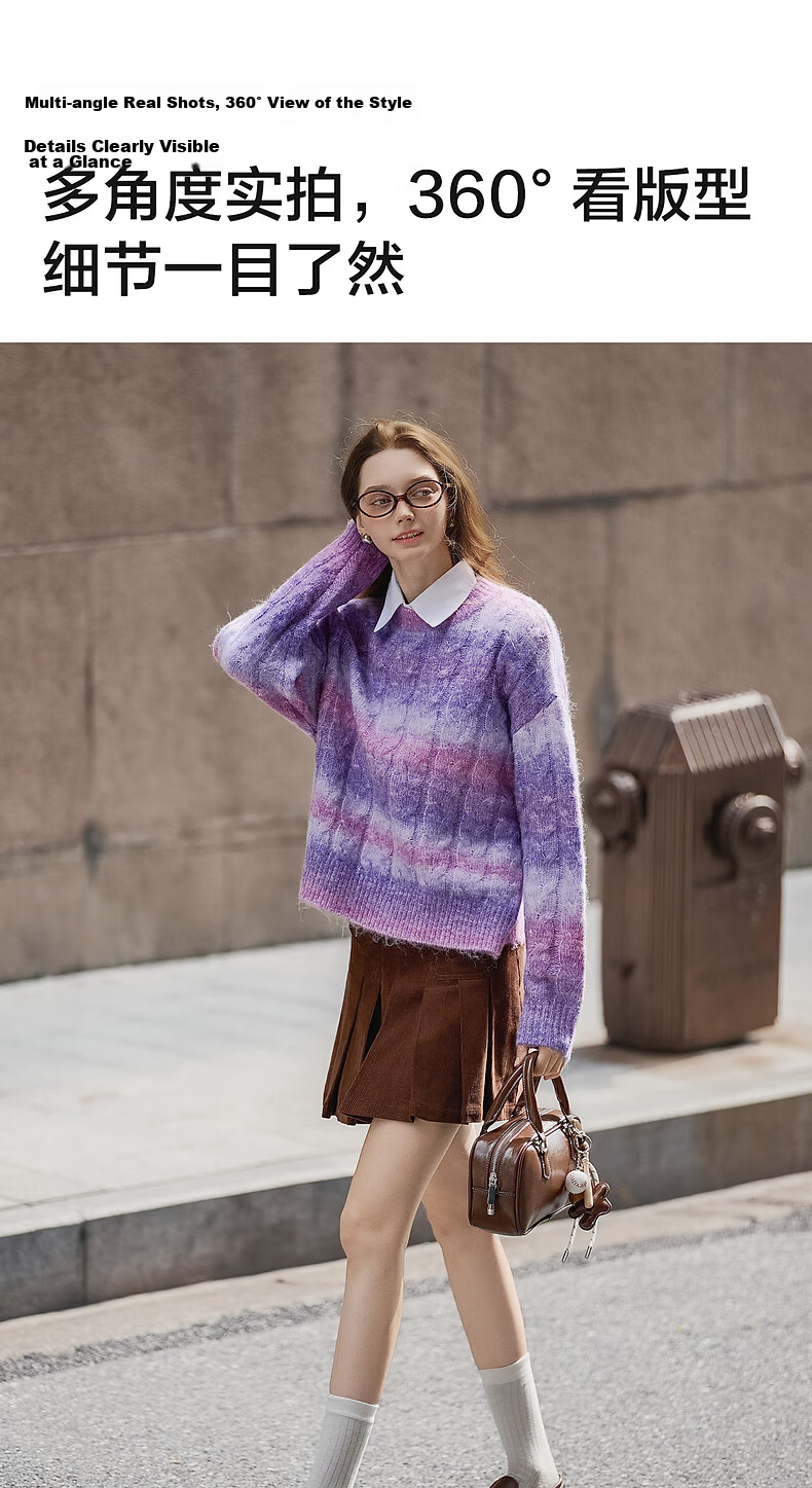 TonLion 2025 Autumn Winter Women's Crew Neck Gradient Yarn Cable Knit Sweater 7