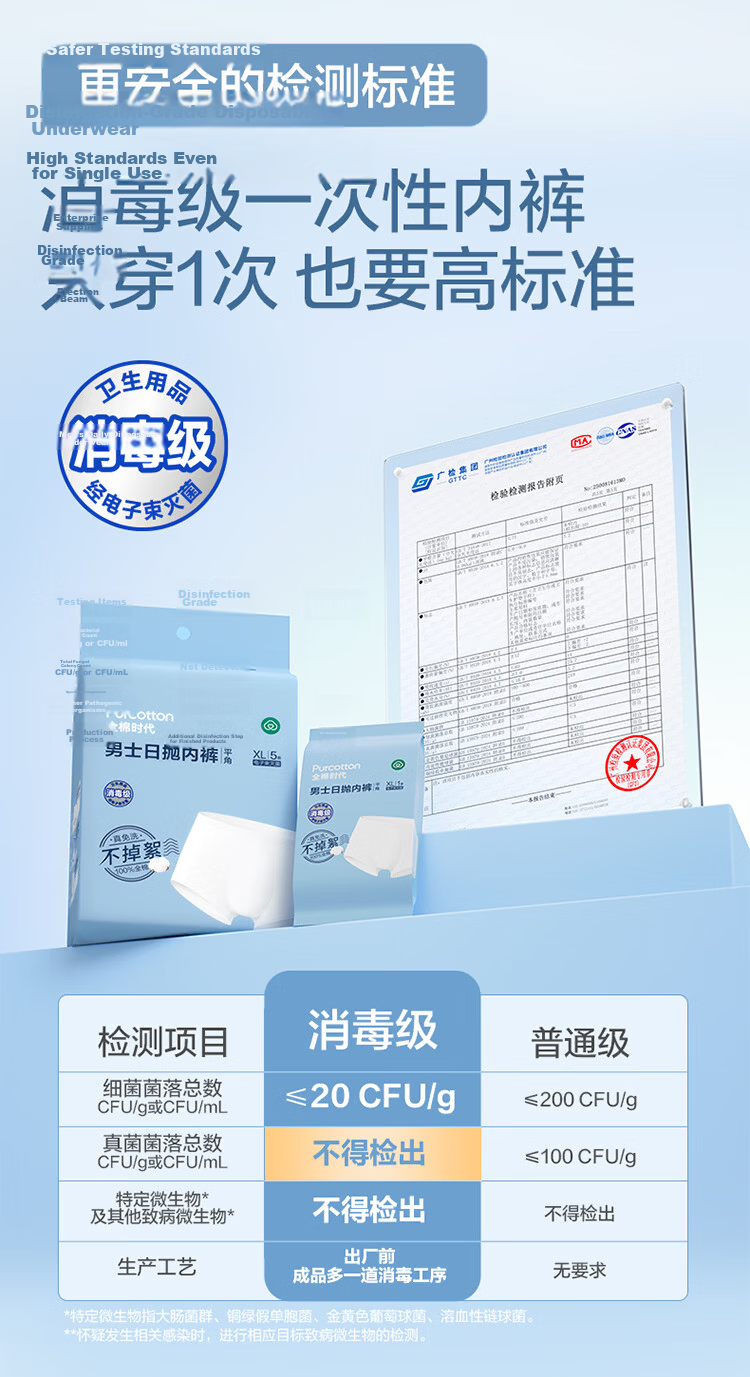 PurCotton Disposable Men's Cotton Underwear Travel Portable Business Trip Wash-Free Lint-Free Sterilized 8