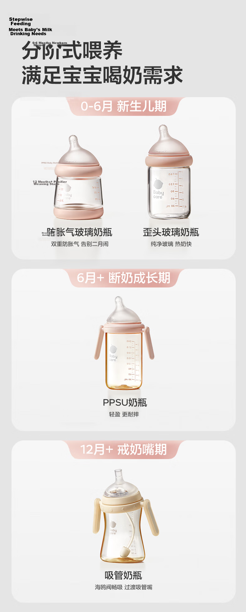 Babycare Lying Bottle, Breast-Like, Newborn Training Cup, PPSU Material, Drop-Resistant, Large Nipple, 240ml, Kekou Pink 22
