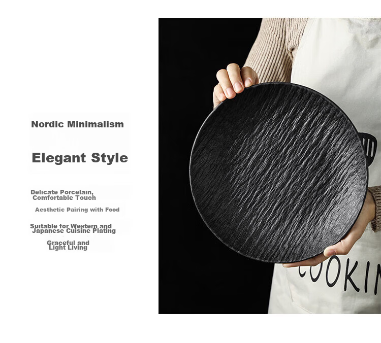Chuanqi Ceramic Dinner Plates 8-inch 2pcs (Black + White) Japanese Style Steak Plate Fruit Plate Large Flat Plate Rock Texture 12
