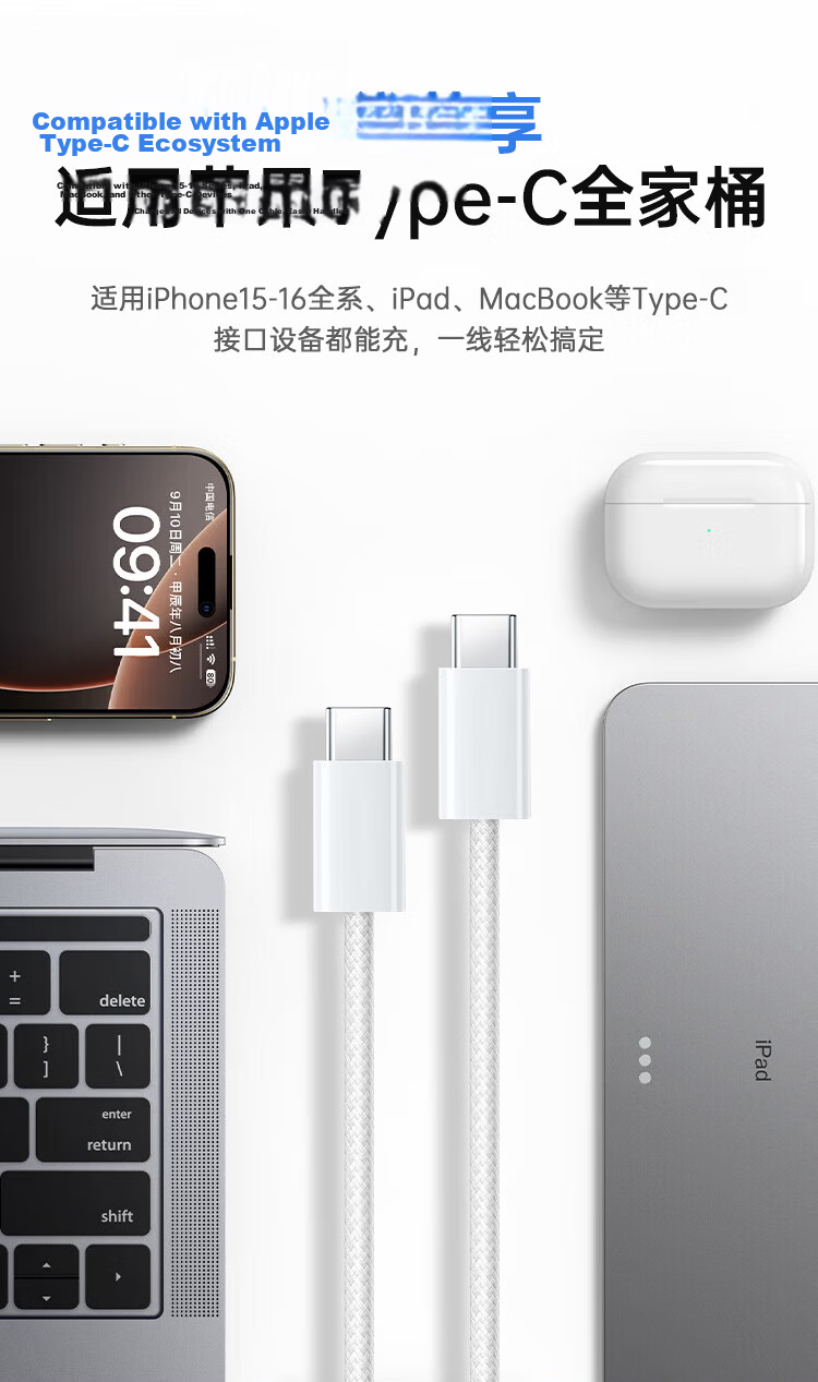 Kewo Apple 15/16/17 Charging Cable Type-C Data Cable Dual USB-C 100W/40W/30W Fast Charger Compatible with iPhone 16 Pro Max/iPad/Huawei 7