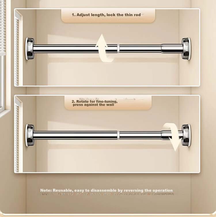 Futuristic Telescopic Clothes Drying Rod No-Drill Balcony Clothes Rack Stainless Steel Shower Curtain Rod Wardrobe Hanging Rod Support 70-120cm 24