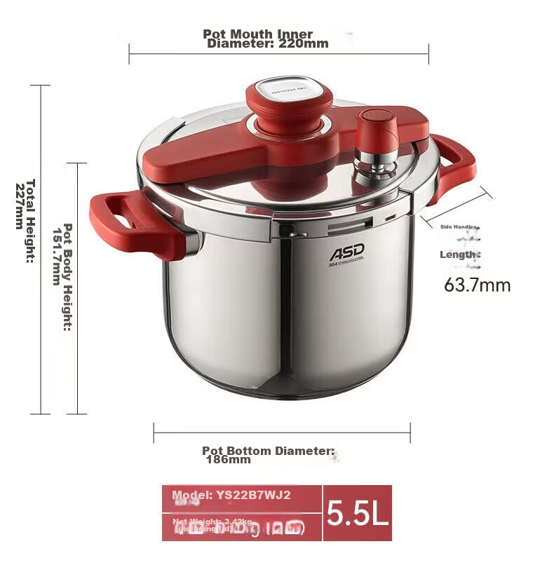 ASD Pressure Cooker 304 Stainless Steel Pressure Cooker Single-Hand Twist Open 5.5L Gas and Induction Cooker Compatible YS22B7WJ2 24