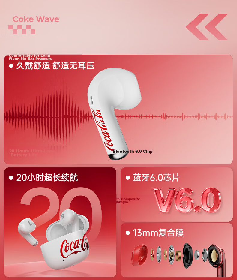 Coca-Cola T65 Bluetooth Earphones, Semi-In Design, High-Quality Sound, Long Battery Life, Sports And Gaming Wireless Headphones, Latest 2026 Model, Suitable As A Gift for Men And Women, Compatible with Apple, Xiaomi, Huawei 2