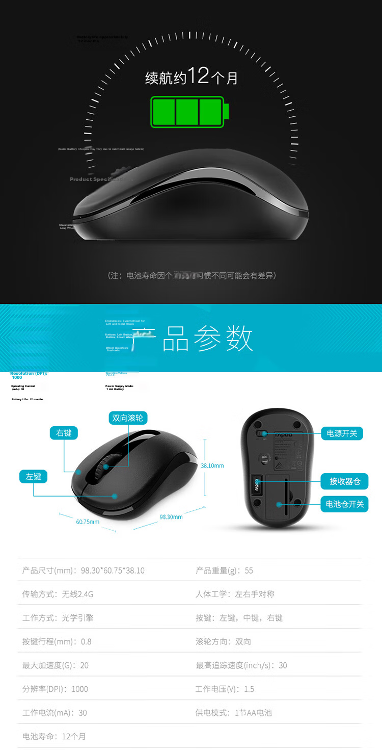 Rapoo 1680 Wireless Mouse, Office Mouse, Quiet Mouse, Portable Mouse, Symmetrical Mouse, Laptop Mouse, Computer Mouse, White 7