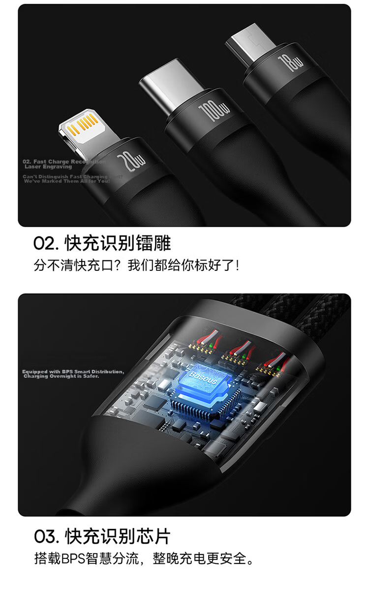 Baseus 3-in-1 Fast Charging Cable PD Type-C Charger Cable for Huawei Mate60 Pro iPhone 17/16/15/14 Pro Max Mobile Phone Computer Charger Cable Blue 11