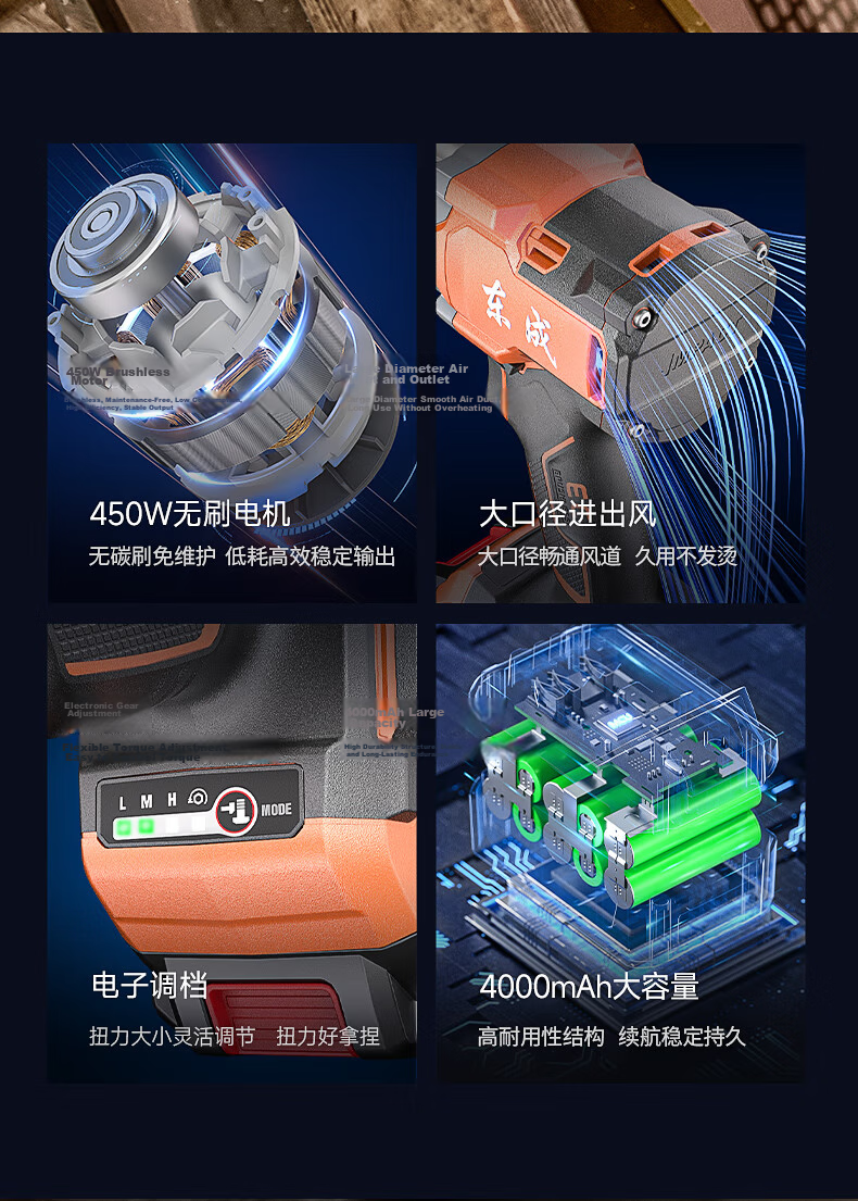 Dongcheng Lithium Battery Brushless Electric Wrench, High Torque Impact Wrench, Tire Removal, Scaffolding, DPB518BD 2