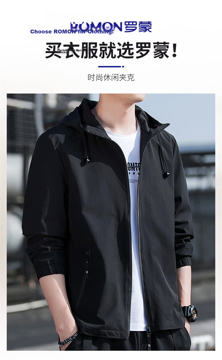 ROMON Men's Jacket Hooded 2026 Spring New Casual Men's Outerwear Black L 2