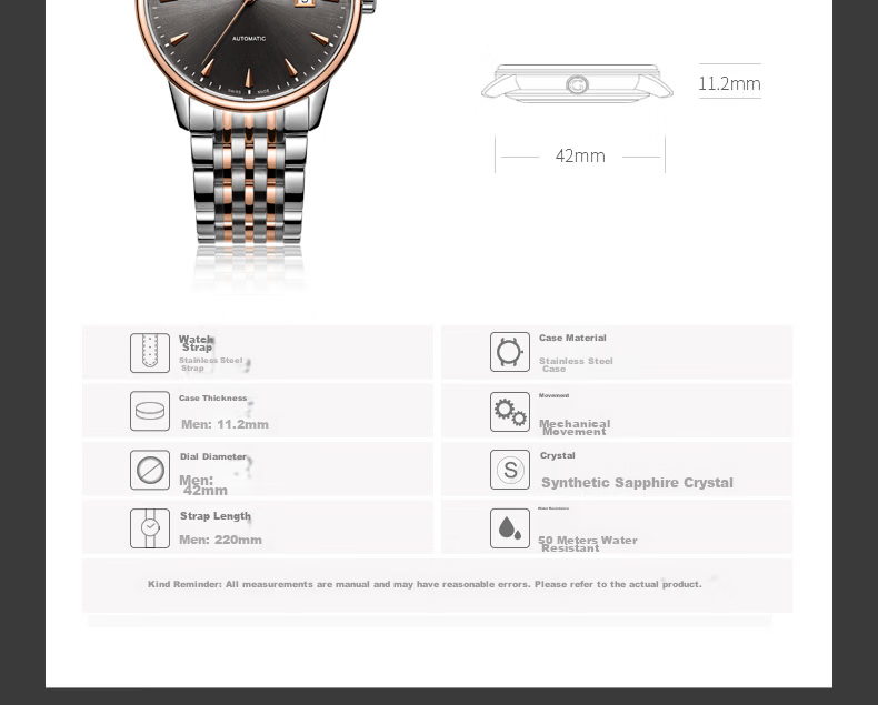 TANGIN Swiss Men's Mechanical Automatic Steel Strap Watch Gift for Boyfriend 9