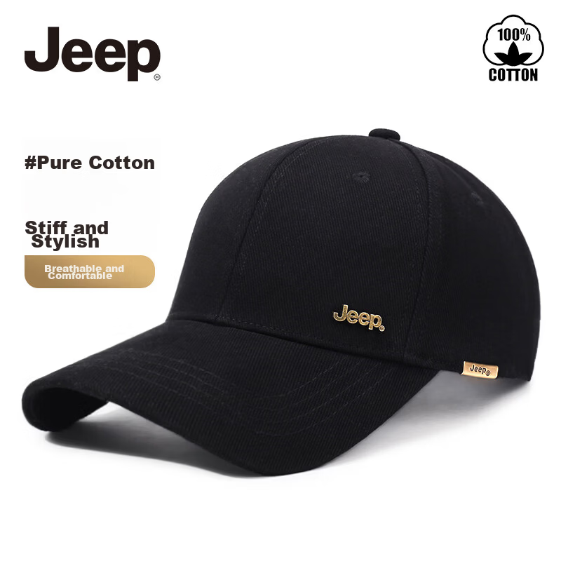 JEEP Men's Baseball Cap Autumn Pure Cotton Outdoor Trendy Sun Protection Visor Hat Unisex Black