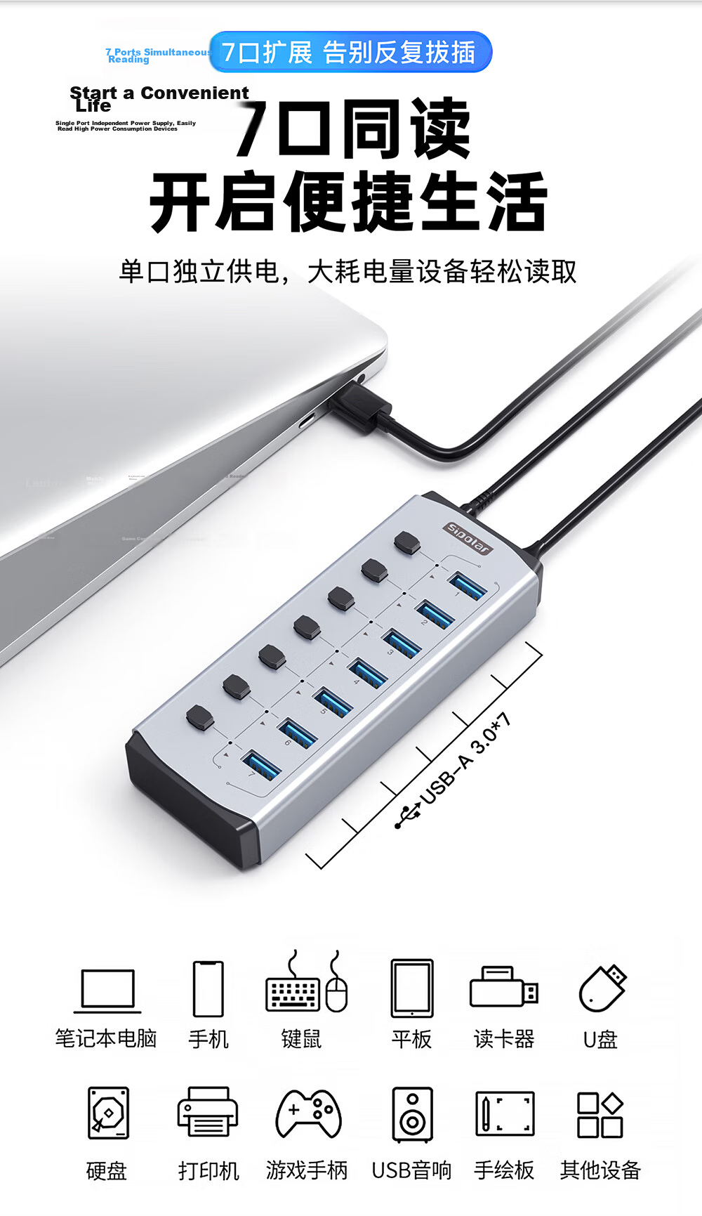 SIPOLAR USB 3.0 4-Port High-Speed Hub Adapter FS-804 (1M) Multi-Interface Converter for Desktop and Laptop Accessories 3