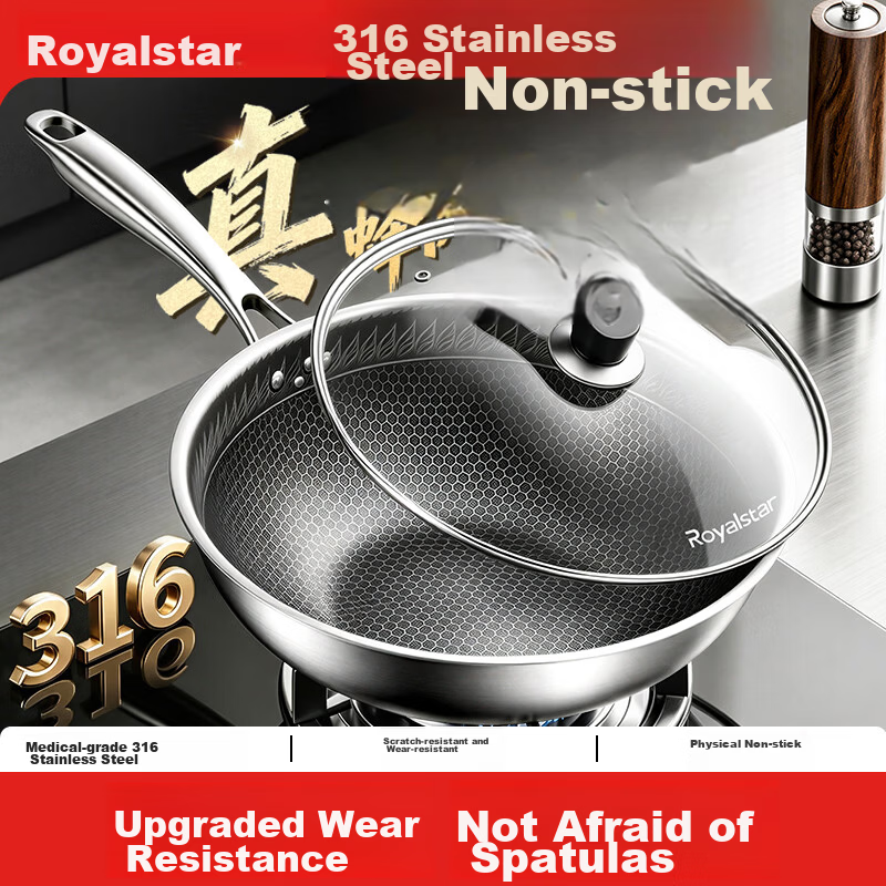 Royalstar 316 Stainless Steel Non-Stick Frying Pan Household Cooking Wok Honeycomb Wear-Resistant Flat Bottom Skillet Compatible with Gas and Induction Cookers