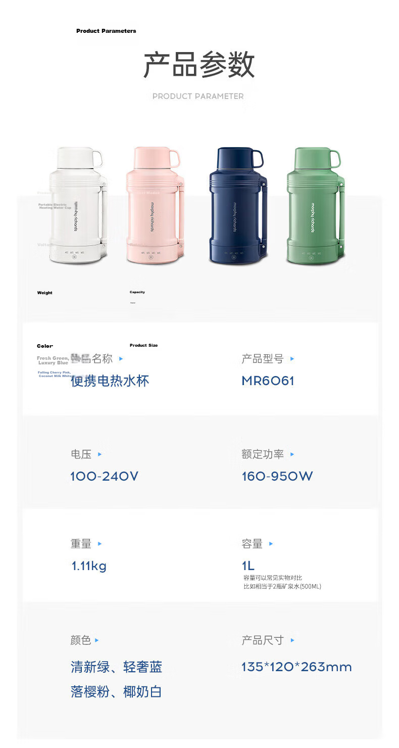 Morphyrichards Portable Electric Kettle 1L Large Capacity Double-Layer Stainless Steel Fully Automatic Travel Home Use MR6061 White 23