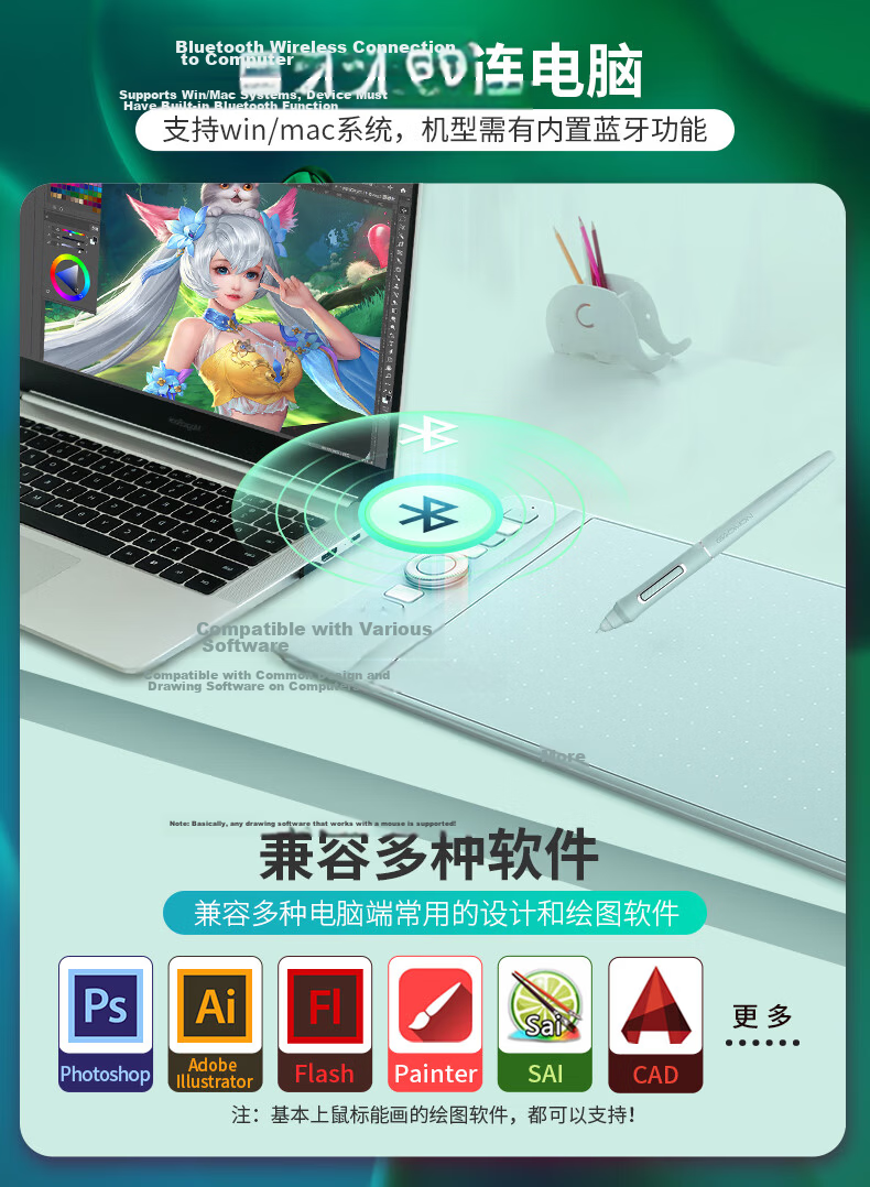 GAOMON Bluetooth Wireless Drawing Tablet Short-Range Passive Pen Handwriting Fresh Green New 16K Pressure Sensitivity Graphics Tablet Compatible with Mobile WH851 1