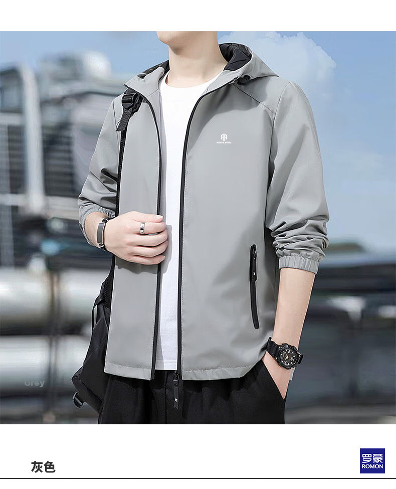 ROMON Men's Autumn Business Hooded Casual Versatile Windproof Jacket Executive Coat IEOB Gray 4XL 9