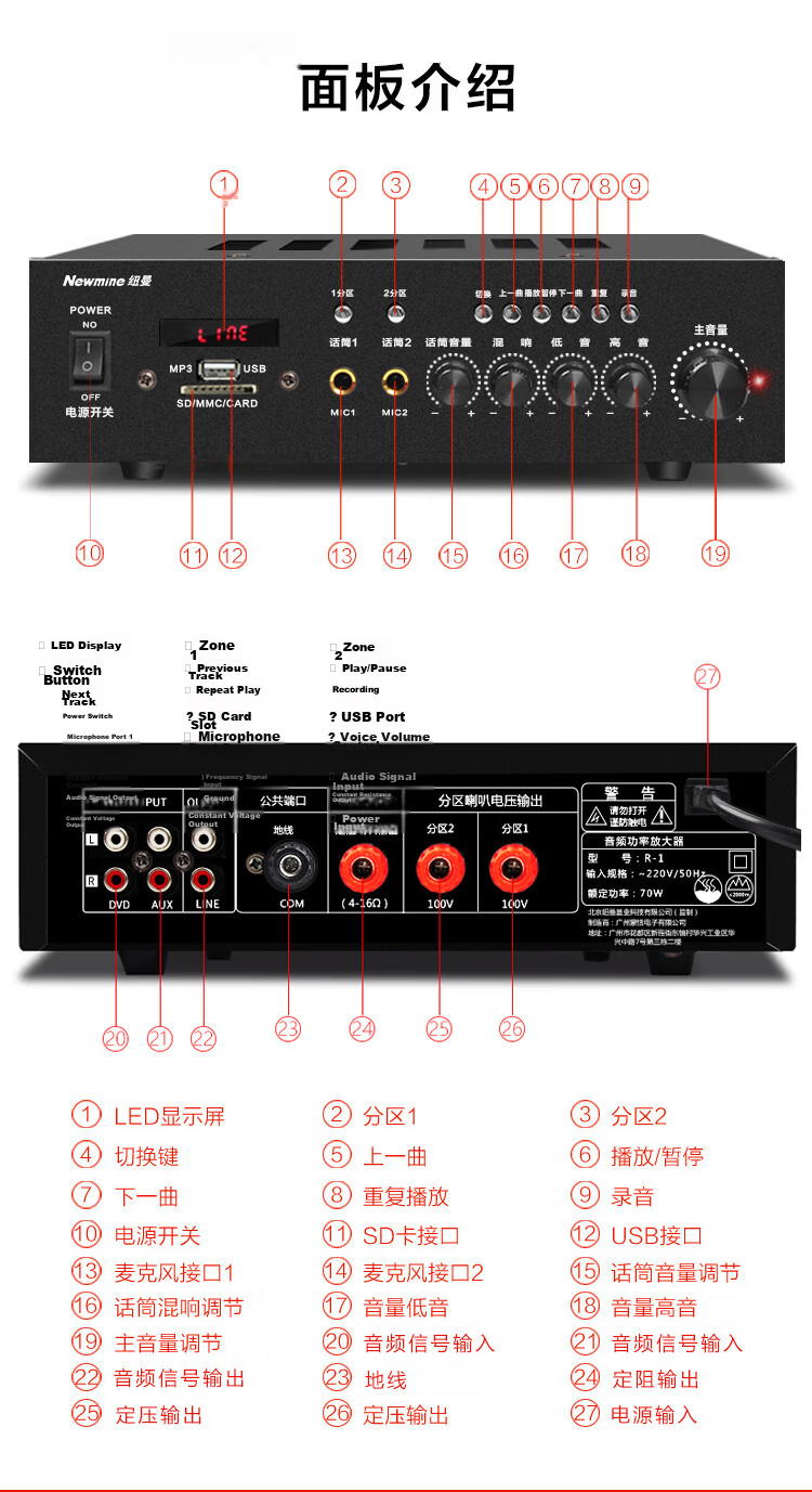 Newmine D16 Constant Voltage Amplifier, Ceiling Speaker System, Background Music Public Address System, Broadcasting Speaker Amplifier 12