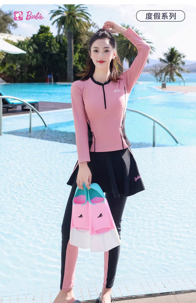 Barbie Two-Piece Swimsuit Set for Women: Conservative Tummy Control Slimming Long Sleeve Top And Long Pants Sports Swimwear for Hot Springs Beach Vacatio 3