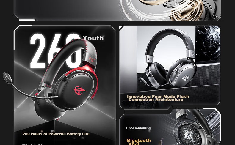 IKF V11 Max Quad-Mode Gaming Headset, Over-Ear Wireless E-Sports 7.1 Sound Field, Bluetooth Wired FPS Smart Driver, Triangular Unyielding Contract Position Audio, Navy Gree 10