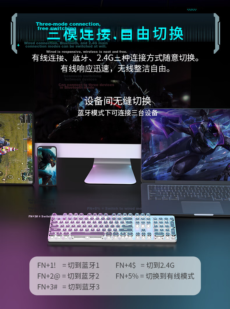 EWEADN TK100 Wireless Bluetooth Punk Mechanical Keyboard and Mouse Combo Wired Tri-mode Office Gaming Computer Laptop Black Switch Retro Peripheral 104 Keys Black White Backlight 4