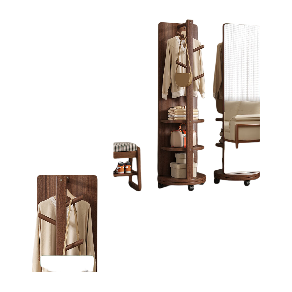 Millennium Huafu Solid Wood Full-Length Mirror Floor Mirror Bedroom Rotating Dressing Mirror with Integrated Clothes Rack 70mm Caster Wheels