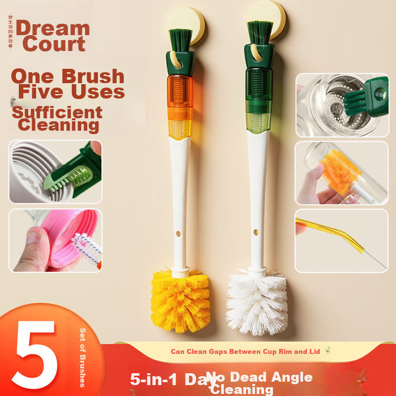 Dreaming Cup 5-in-1 Bottle Brush Insulated Cup Lid Groove Straw Cleaning Tool Yellow Single Pack